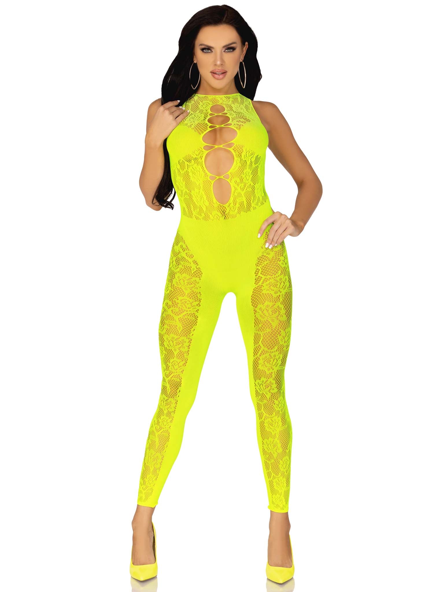 89308 - Floral Lace Convertible Footless Bodystocking With Opaque Panel Detail.