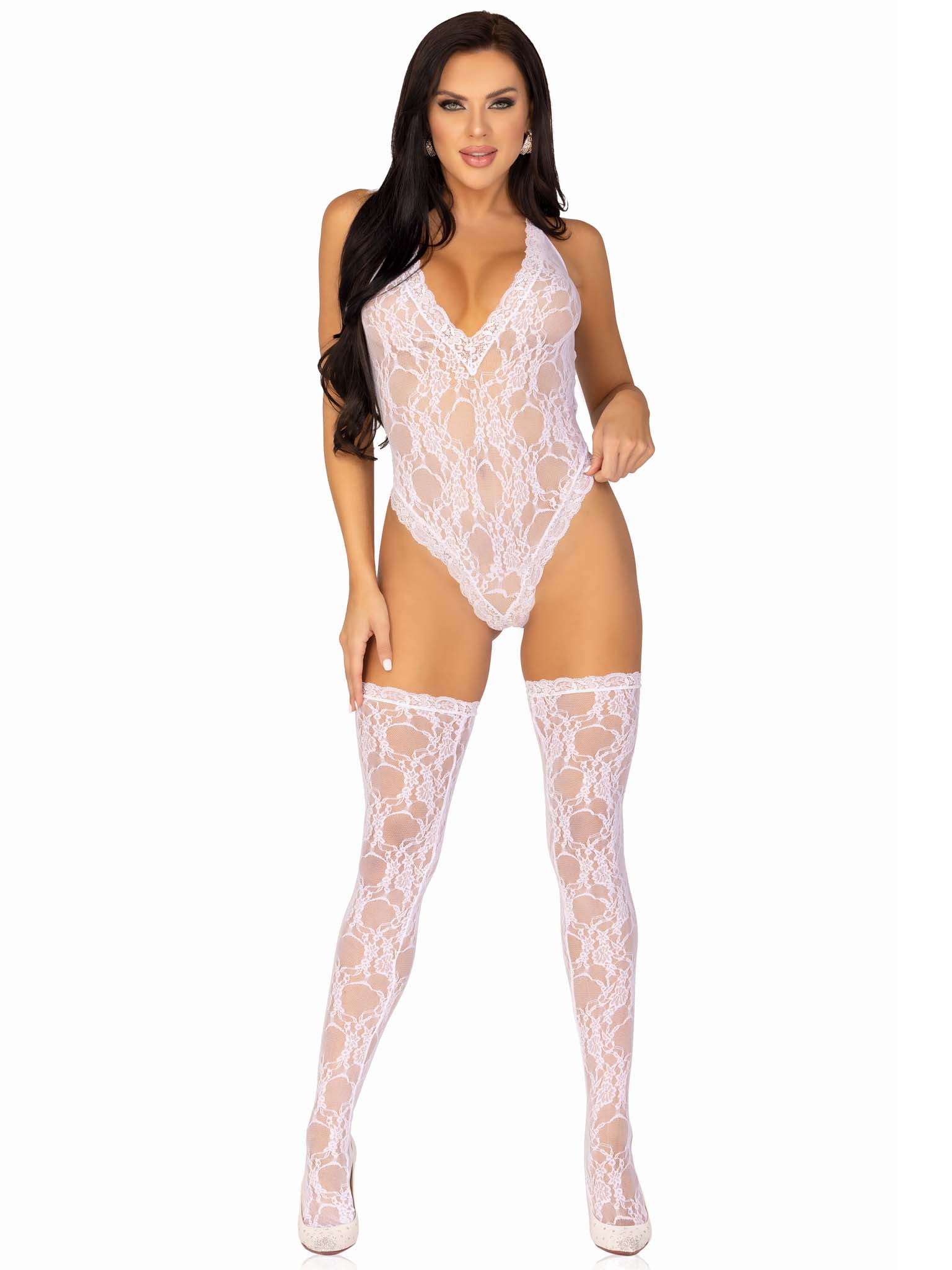 81484 - 2 Pc Floral Lace Deep-V Teddy And Matching Stockings. - Image 3